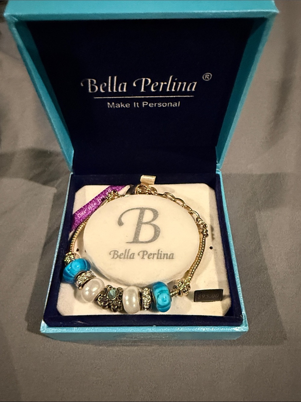 Bella Perlina Gold-Tone Bracelet with Turquoise Blue and Pearl Beads